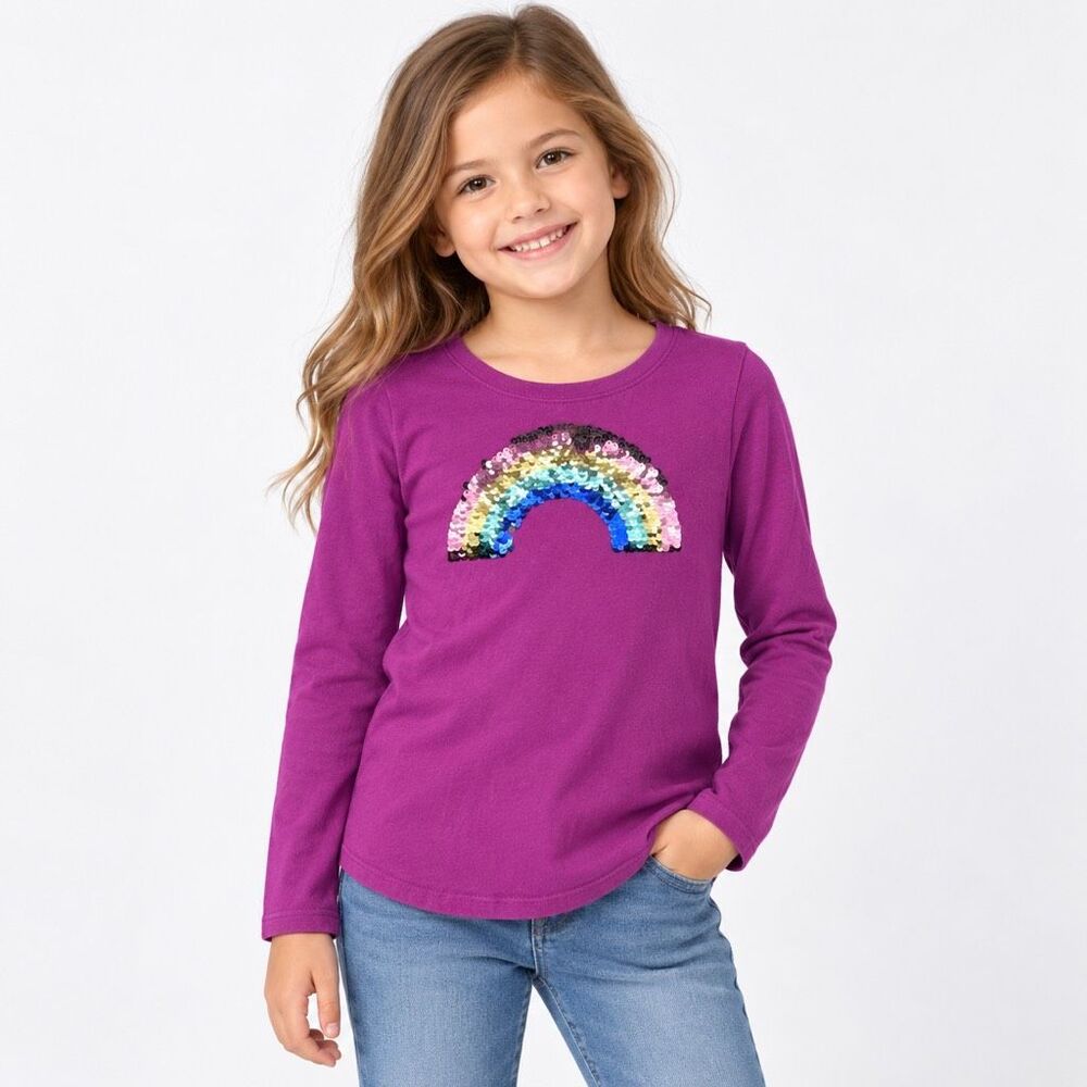 Cat & Jack Girls Sequin Rainbow Long Sleeve Top Purple Size 6/6X